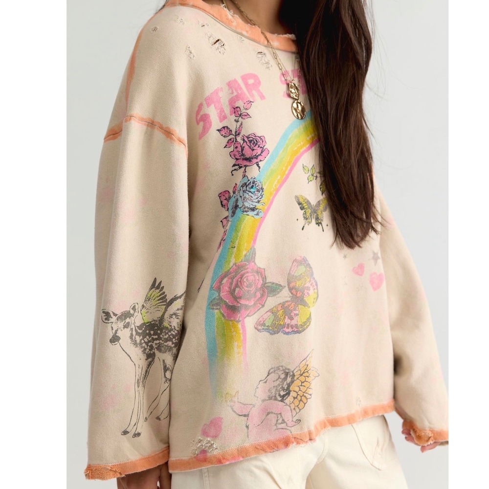MAGNOLIA PEARL STAR RAINBOW HERMOSA DISTRESSED SWEATSHIRT NWT Butterflies Roses - Picture 8 of 8